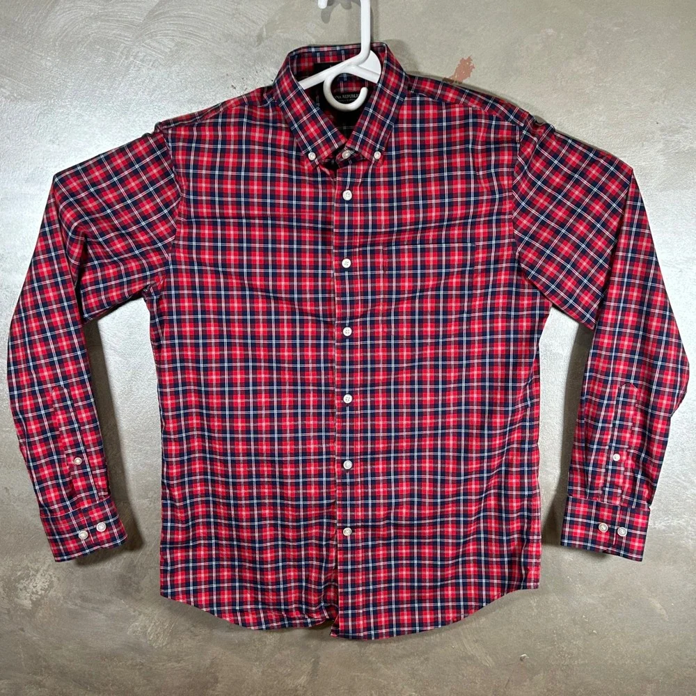 Banana Republic Mens Slim Flex Fit Tech Stretch Cotton Plaid Shirt Red Navy M